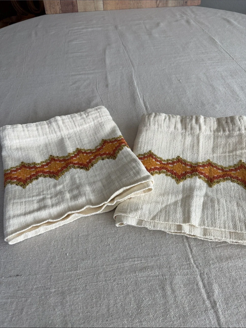 1970’s Boho MCM Cafe Curtain Valances in Cream & Embroidered Oranges and Green